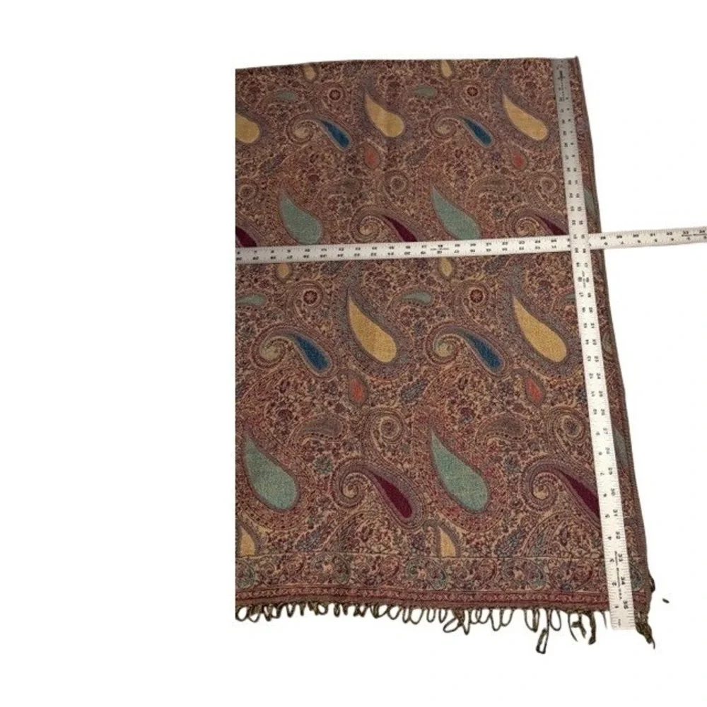 Luxury Pashmina Silk Blend Scarf Paisley Print Fringe Brown Blue Red Yellow